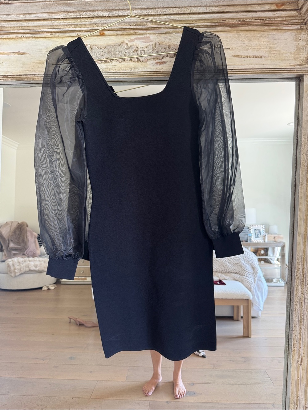 House of Harlow 1960 Black Square-Neck Puff Sleeve Dress